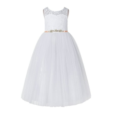 

White Floral Lace Neck A-Line Keyhole Back Flower Girl Dress Christening 178R4
