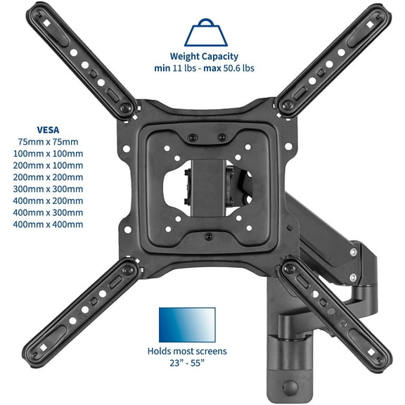 Premium Aluminum Single TV Wall Mount for 23 to 55 inch Screens, Adjustable Arm, Fits up to VESA 400x400, Black, MOUNT-G400B