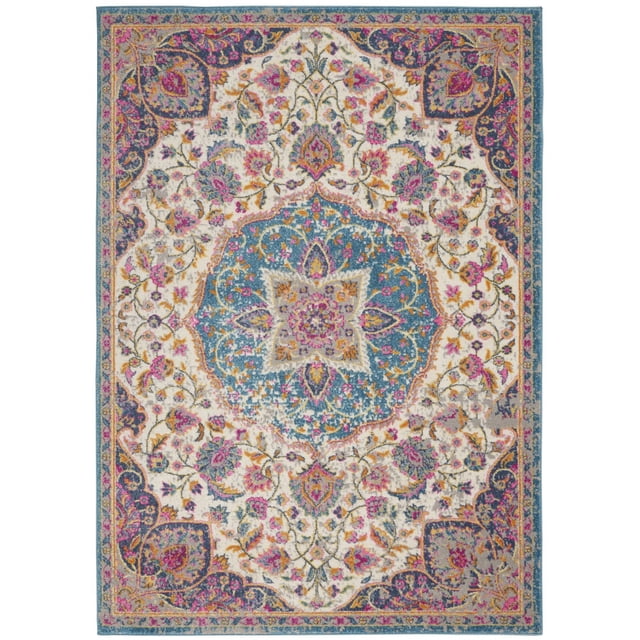 homeroots home decor 385533 7’ x 10’ Pink and Blue Floral Medallion Area Rug