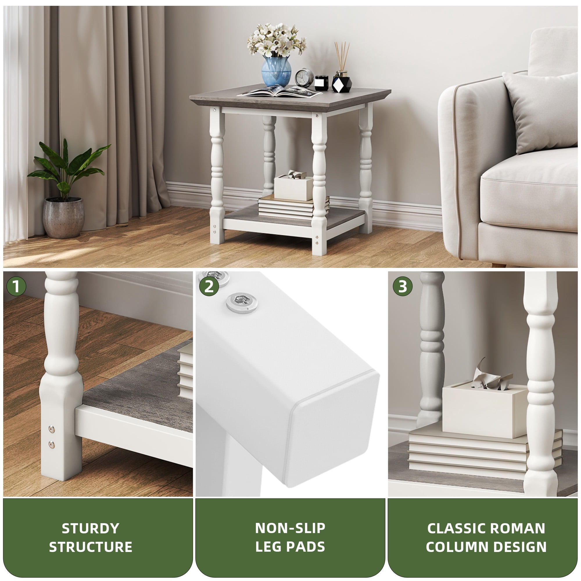 Uforic Roman-Style End Table with Metal Legs, 23.6" Square Side Table with Shelf, White & Gray