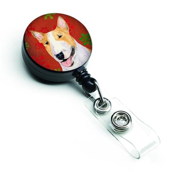 Carolines Treasures SS4703BR Bull Terrier Red & Green Snowflakes Holiday Christmas Retractable Badge Reel