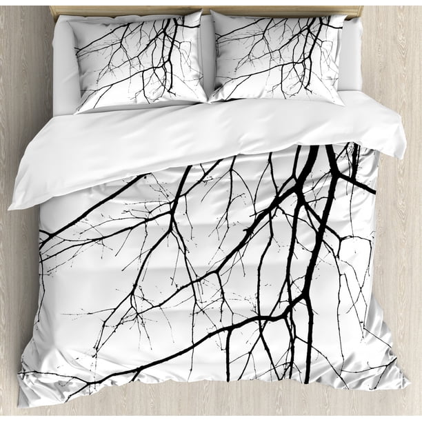 Black and White Duvet Cover Set, Macro Leafless Winter Tree Branches