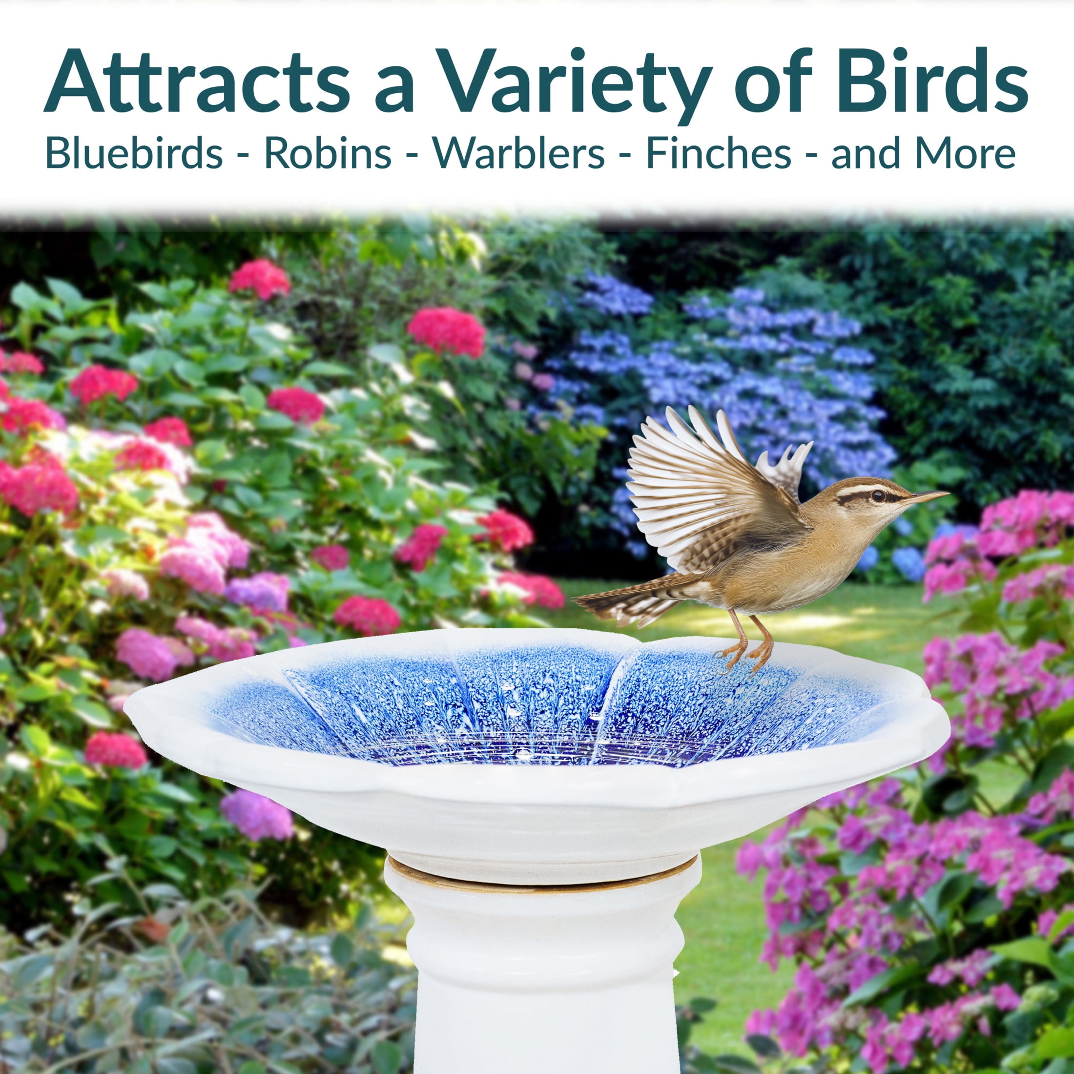 Sunnydaze Misty Blossom Freestanding Ceramic Outdoor Bird Bath, UV-Resistant White and Blue Finish