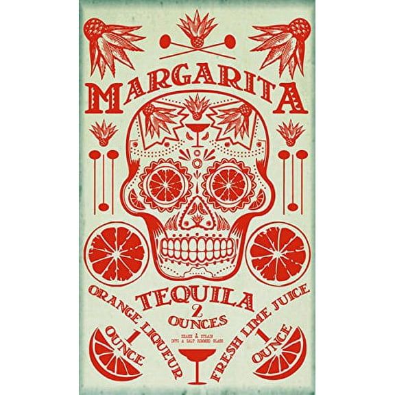 Margarita Tequilia Skull Recipe Sign; One 11x14in Poster Print. Red/White