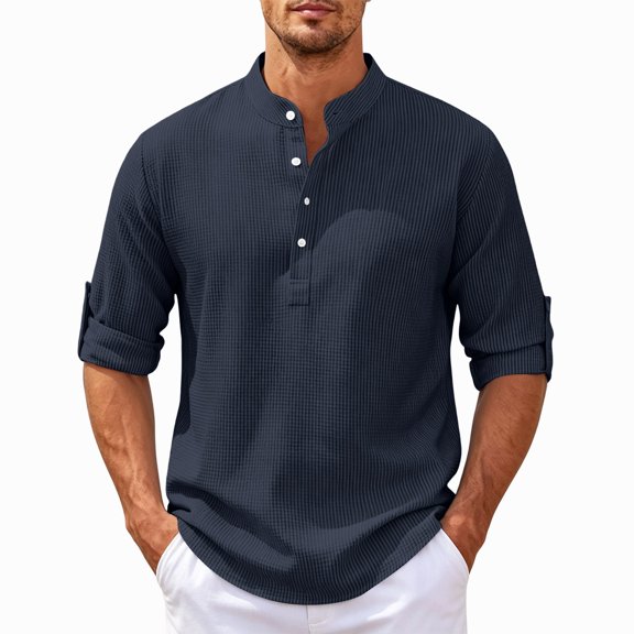 Havenx Men's Henley Shirts Roll-Up Long Sleeve Button Up Shirt Band Collar Textured T Shirt Summer Lightweight Loose Fit Casual Tees,Navy L