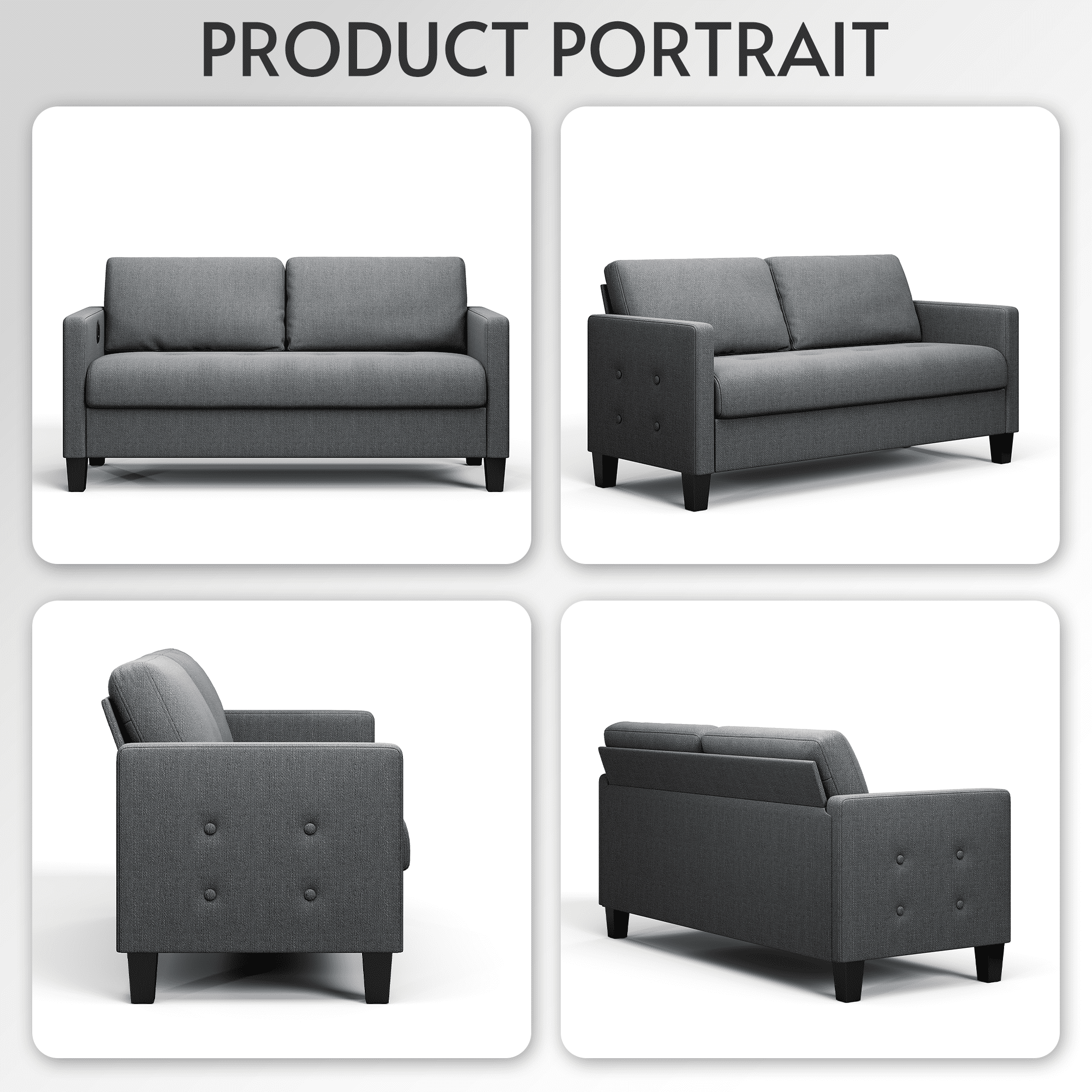 Coewske 57"W Comfy Loveseat Sofa with USB 2 Seater Tufted Deep Love Seat Couches, Dark Grey