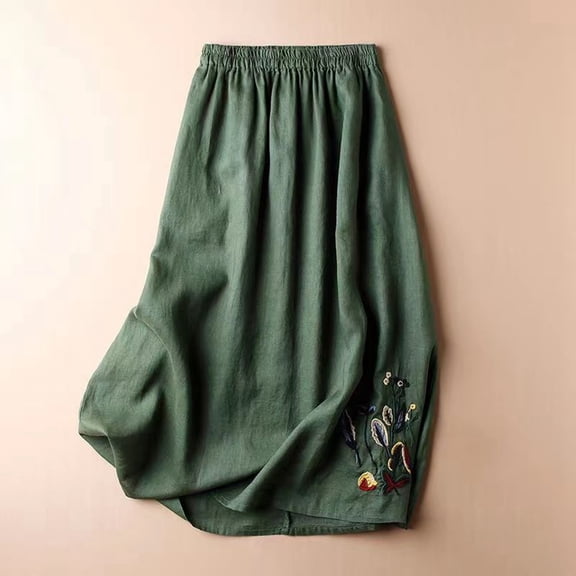 Womens Skirts Vintage Floral Embroidered Cotton Linen Summer A Line Midi Versatile Flared Skirt Activewear