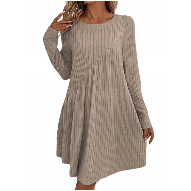 Lenpel Robe Chandail pour Femmes, Douce, à Manches Longues, Col Ras du Cou, Patchwork, Tricot Côtelé, Robes Décontractées, Robes Mini Amples (Kaki, 3X-Grand)