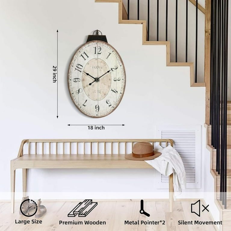 Grande Horloge Murale Ovale 29 Pouces Style French Vintage - Silencieuse
