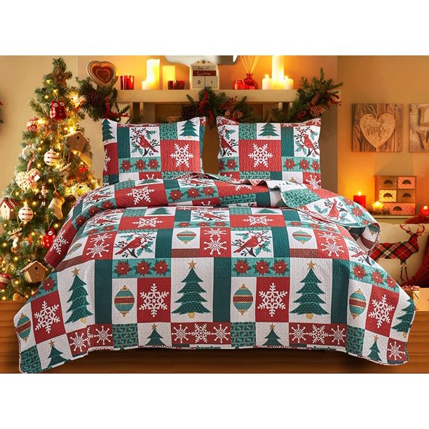 Smuge Christmas Green Red Plaid Snowflake Bedding Set Twin Size Bird Quilt Set Floral Bedspreads