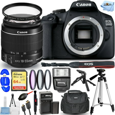 Canon EOS 2000D/Rebel T7 with 18-55mm IS II Lens - Pro Bundle Includes: Extra LP-E10 Battery and Charger Sandisk Extreme 64GB SD Flash Tripod Gadget Bag and More