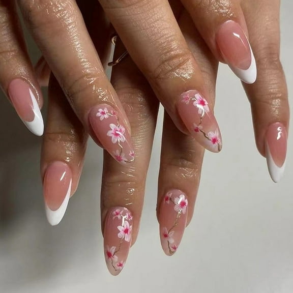 24 Pcs Glossy Press On Nails French Tips False Nails Flowers Full Covers Stick On Nails Mediums Almond Acrylic Nails