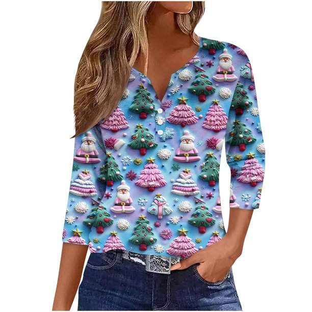 Fiudx Ofertas Del Día Blusa de Manga 3/4 Corta Estampada a La Moda para Mujer, Blusa Informal con Cuello Redondo