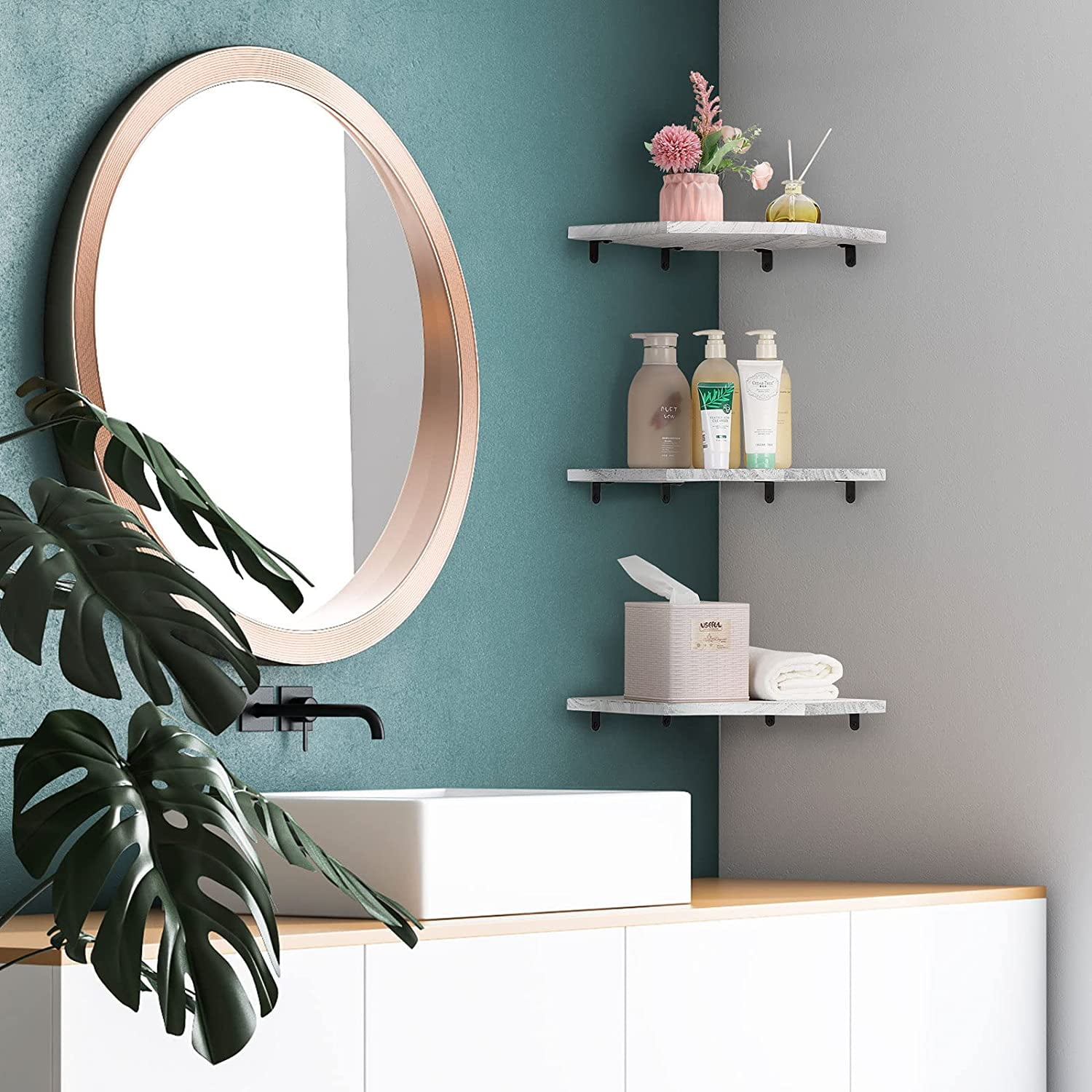 Set of 3 Floating Corner Shelves, White-Gray Wall Mounted Wood Shelves