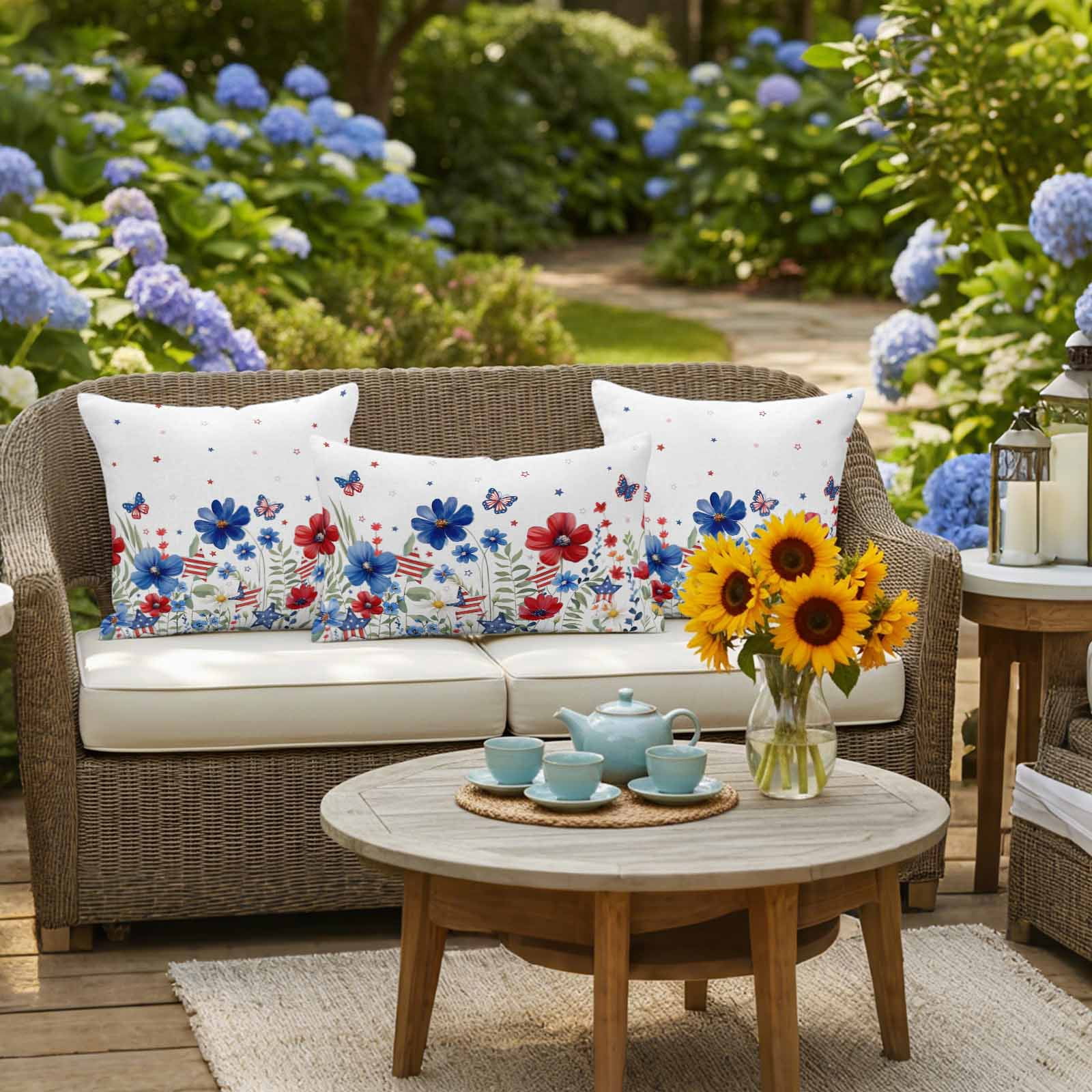 4th of July Outdoor Waterproof Throw Pillow Covers Set of 2 American Flag Butterfly Pillowcases Square Outdoor Pillows Cushion Case 18x18 Inch Red Blue Flowers Patio Pillows for Couch Sofa Bed