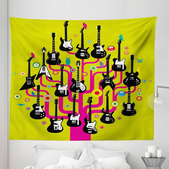 Music Tapestry, Guitars for Rock Stars Above a Tree Plant Modern Geometric Design Print, Fabric Wall Hanging Decor for Bedroom Living Room Dorm, 5 Sizes, Hot Pink Apple Green, by Ambesonne
