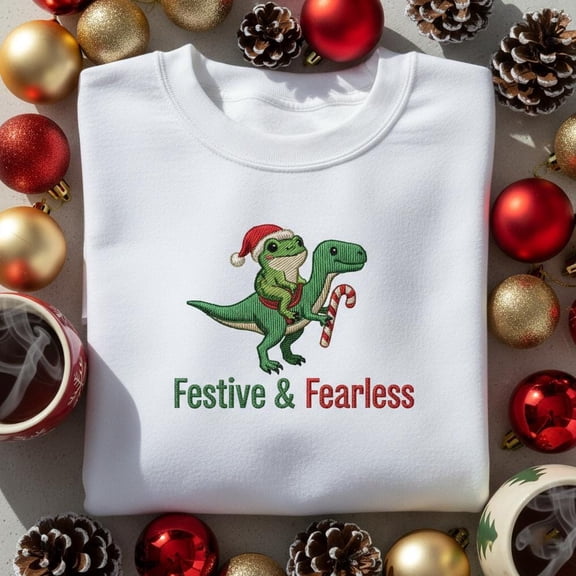 Festive & Fearless embroidered hoodie, Christmas Frog Riding Dinosaur Crewneck, Funny Xmas Dino Sweater, Cute Holiday Gift