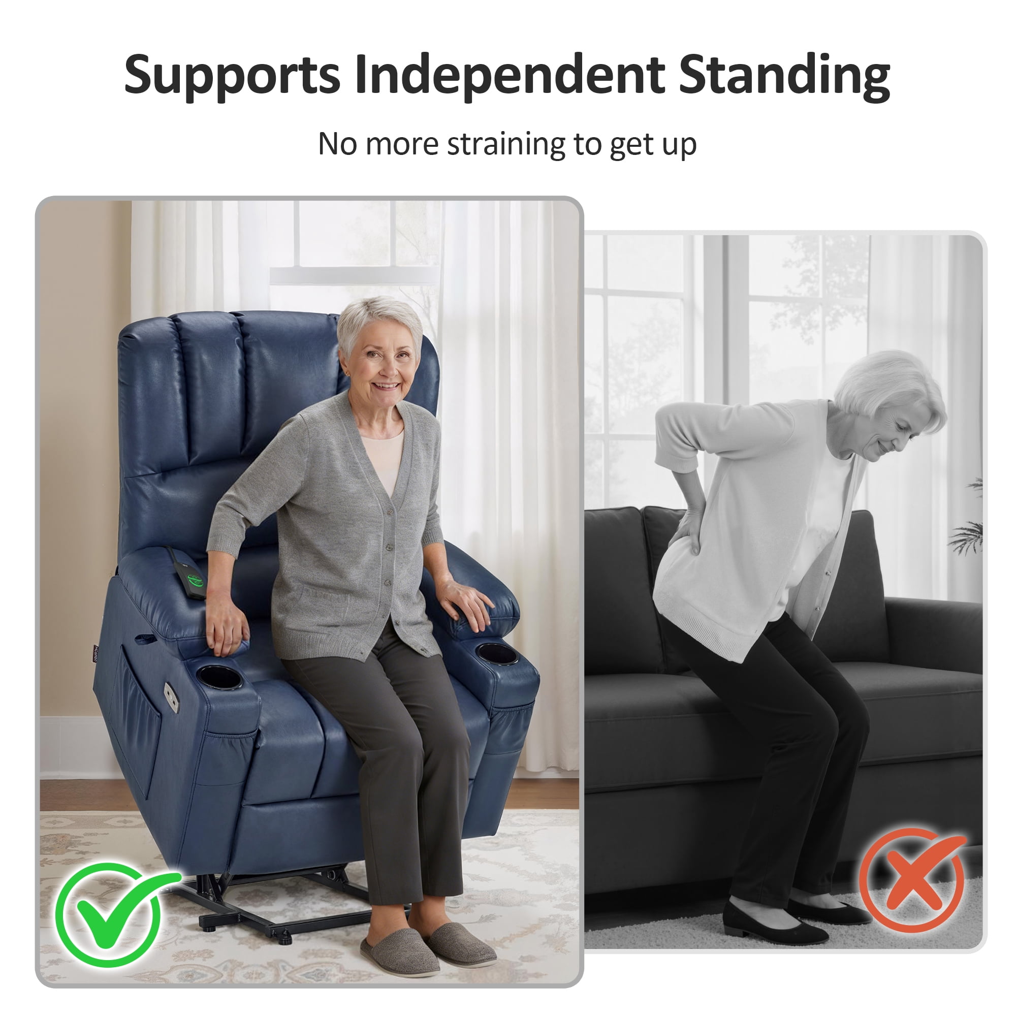 MCombo Power Lift Recliner Chair with Massage Heat, Extended Footrest, Faux Leather(Medium-Regular, Blue)