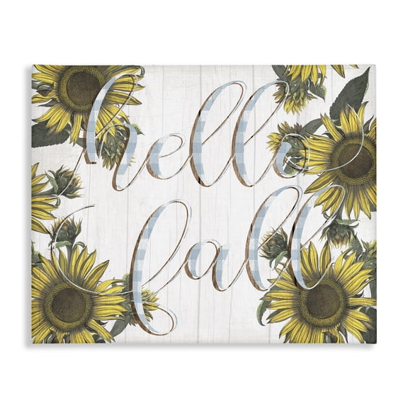 Stupell Industries Cottage Hello Fall Phrase Blue Checker Plaid Sunflower Florals Canvas Art, 20 x 16, by Lil' Rue