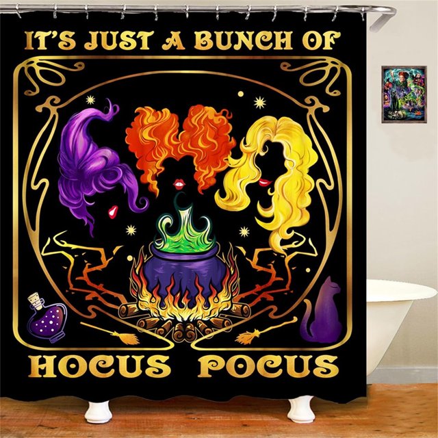 Cortina de ducha Hocus Pocus, juego de cortina de ducha de Halloween, tela impermeable, 72 x 72 pulgadas, con 12 ganchos, para decoración del baño y la bañera del hogar