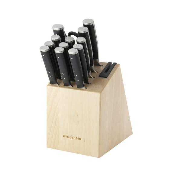 KitchenAid Gourmet 14-Piece Forged Knife Block Set with Sharpener, High-Carbon Steel, Black Birchwood