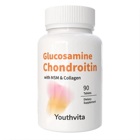 Youthvita Premium Glucosamine Chondroitin MSM Tablets with Grass-Fed Collagen, Shellfish-Free & Non-GMO, 90 Ct