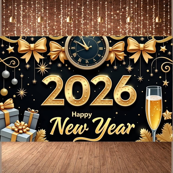 Gold Theme 2026 New Year Banner Clock Design Happy New Year Banner Star Decoration Gift Ornament New Year Party Banner for New Year Party 2026 Celebration Holiday Event