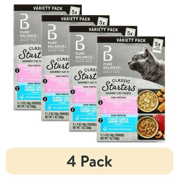 (4 pack) Pure Balance Gourmet Cat Treat Starters, Salmon, Tuna & Shrimp Recipe Variety Pack, 1.4 Oz, 5 Pack