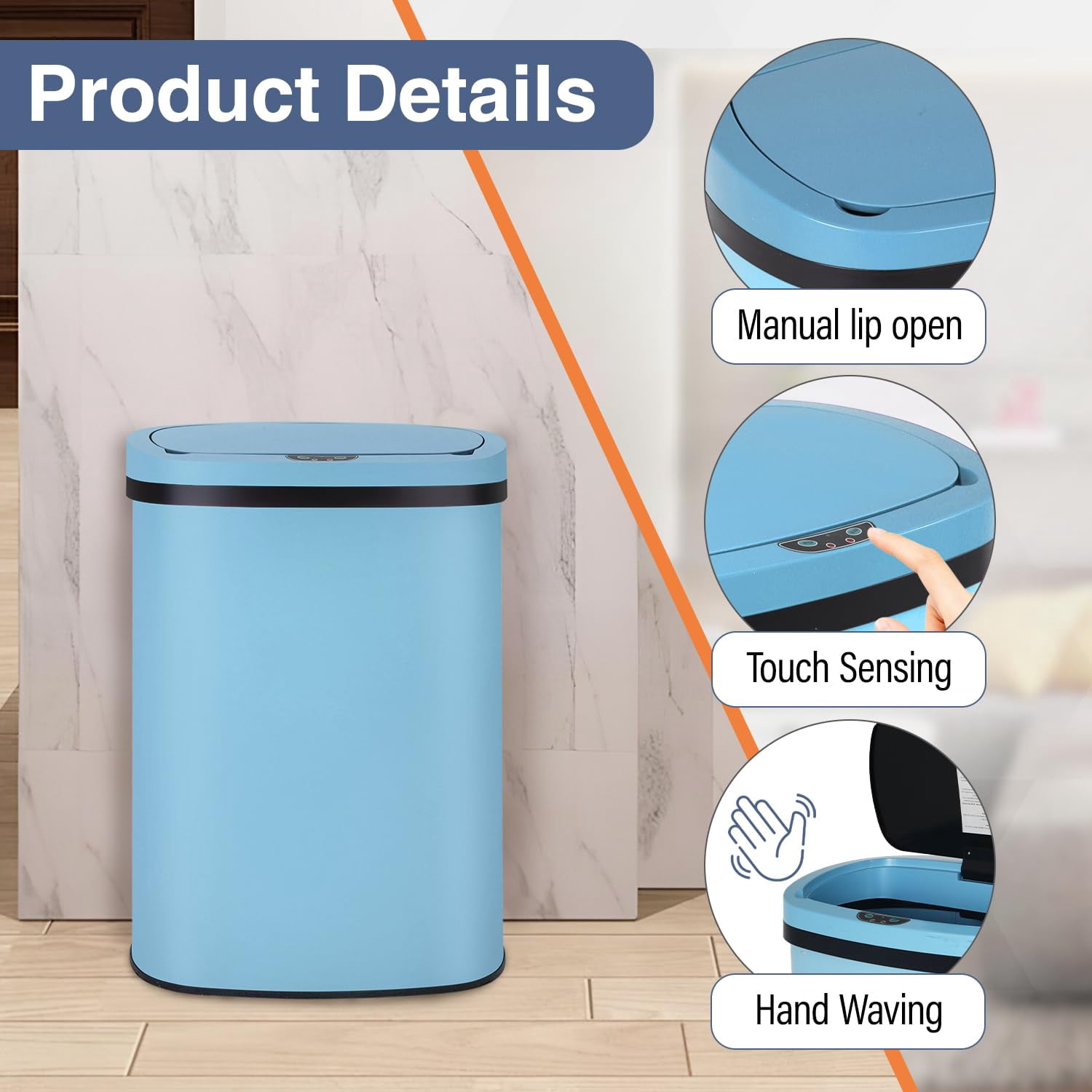 PayLessHere 13Gal Touchless Trash Can - Stainless Steel Auto Lid for Kitchen, Blue