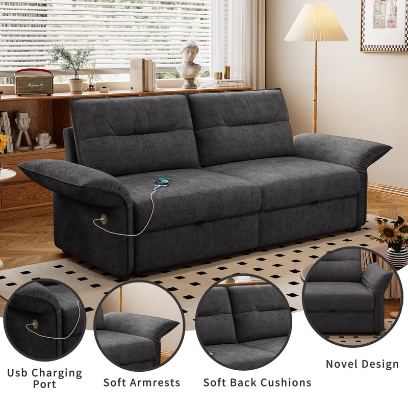 85" Convertible Sofa Bed, 2-in-1 Sleeper Sofa with Plush Fabric, Full-Size Pull-Out Couch with USB Charging Ports, Solid Wood Frame, High-Resilience Foam for Living Room & Small Space