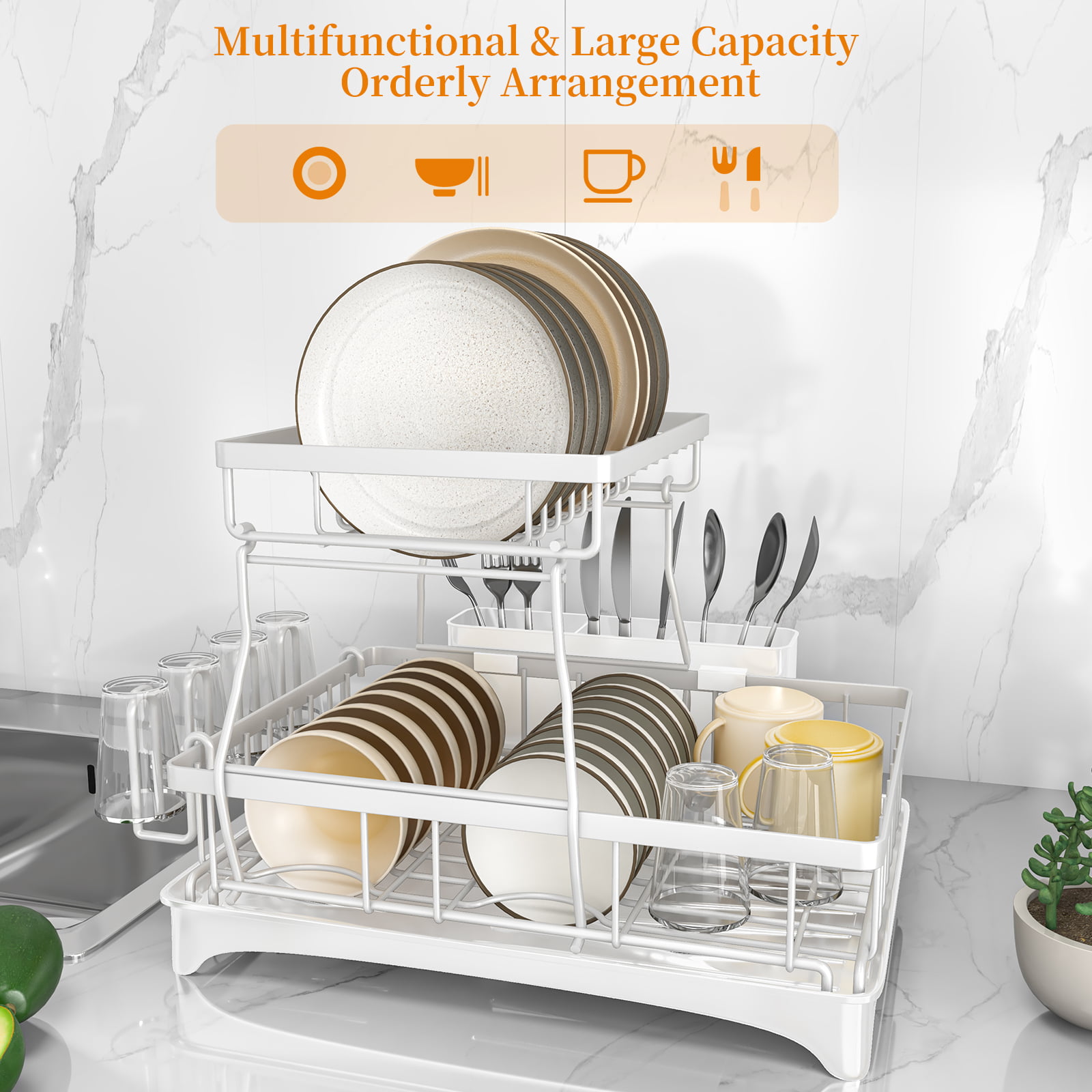 WEPSEN Double Layer Dish Rack, Stainless Steel Dish Drying Rack with Hooks,  Multifunctional Kitchen Organization, Over The Sink Dish Drying Rack, Home  Kitchen Dish Rack Organizer, Silver 