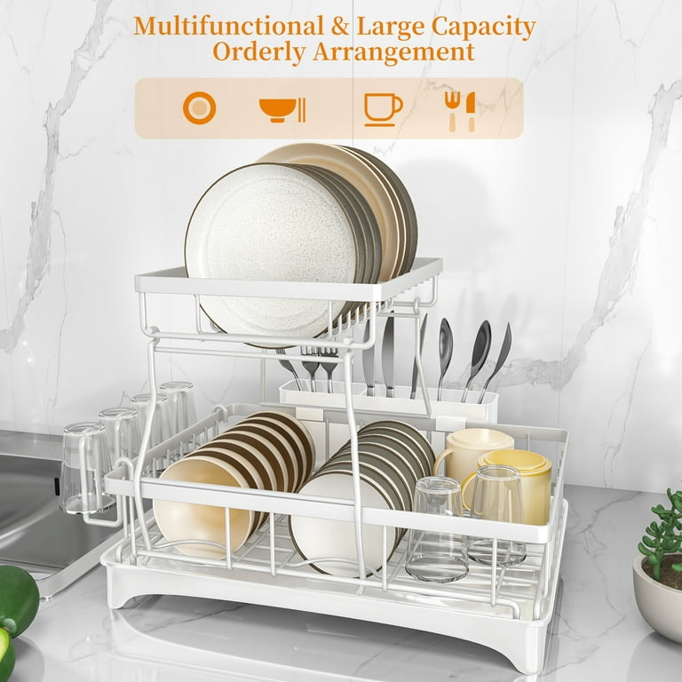 2 Tier Dish Drying Rack With Utensil Holder - Large Countertop