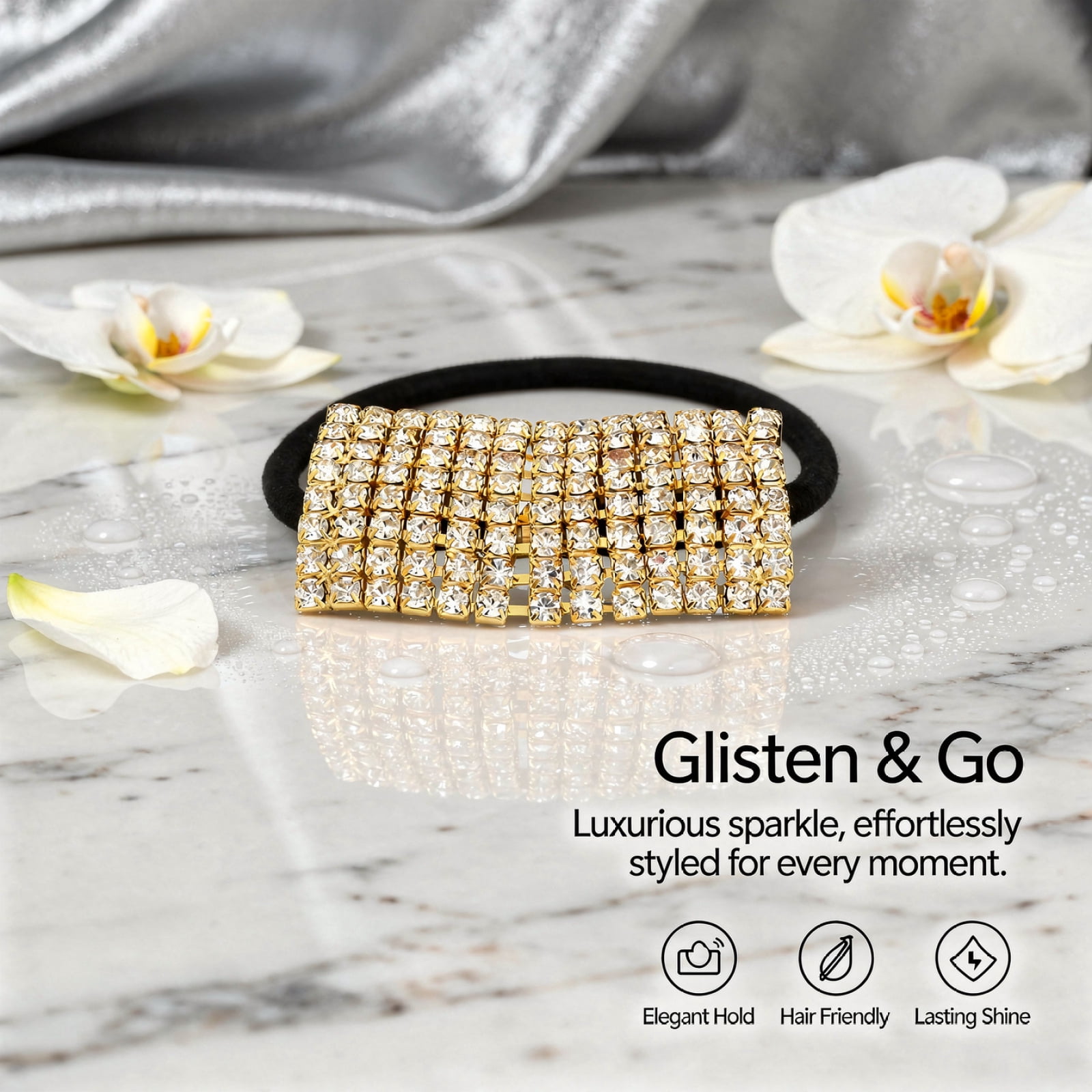 10 Pcs Rhinestone Hair Ties, Elastic Crystal Design Hair Accessories with Sparkling Gold Silver Metal Decor, Ponytail Holders for Women, 1.95 x 1.05 in Gem Decor, 0.42 oz Each