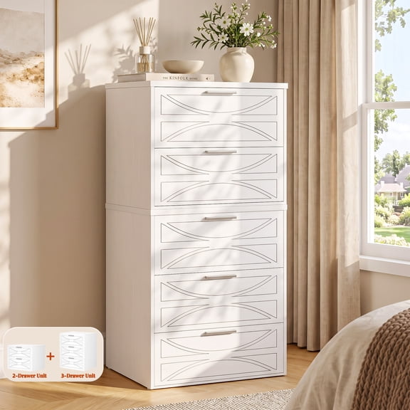 Homieasy Modern Wood 5 Drawer Dresser with Laser-Etched Drawer Fronts, 20.5" Wide(Can Divided Into 2 Drawer & 3 Drawer Unit), White