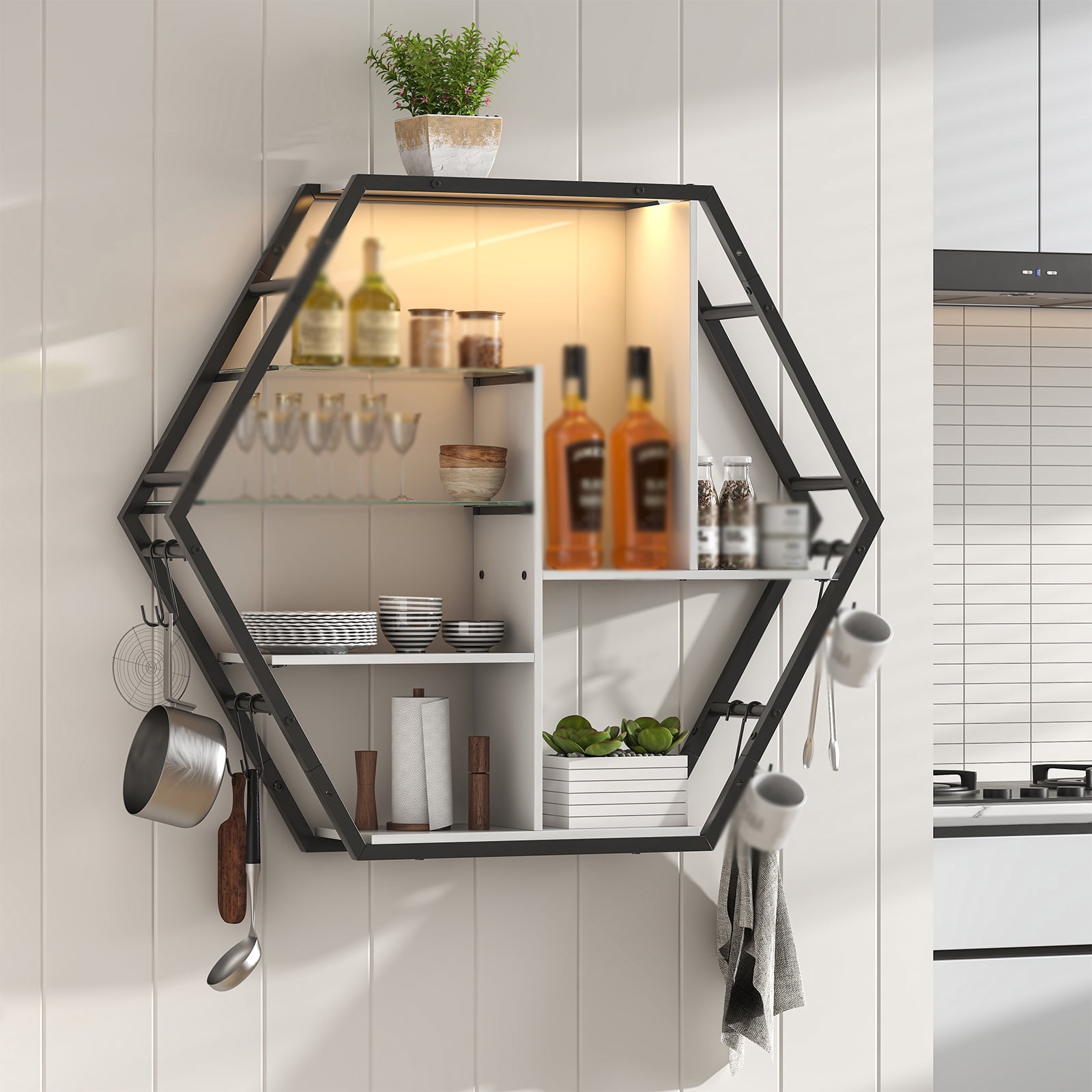ModFurne LED Wall Shelves - Lighted Display Shelves With Extra Hooks For Gaming Rooms & Bars. Modern Brown Floating Shelves With Built-In LED Lighting