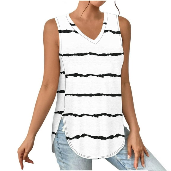 Tbopshirt Tank Tops for Women,Womens tops,Womens Tank Summer Printed Sleeveless V-Neck Slitted Casual Blouse tops,T-shirt Vest Tee Blouse,Womens Fashion
