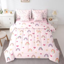 Homewish Kawaii Rainbow 7-Piece Bedding Comforter Set for Teens Boys Girls,Dreamy Princess King Bedding Sets,Cute Love Heart Print Ultra Soft Bed Sheets,Lightweight Room Decor,Reversible