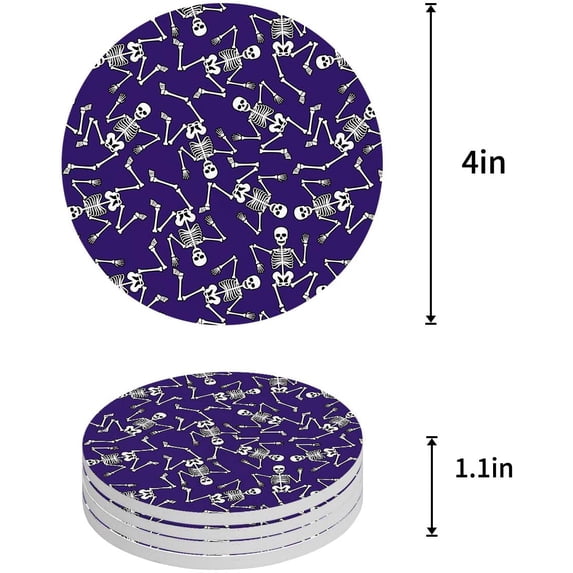 FMSHPON Halloween Skeleton Pattern Purple Set of 4 Round Coaster for Drinks, Absorbent Ceramic Stone Coasters Cup Mat with Cork Base for Home Kitchen Room Coffee Table Bar Decor