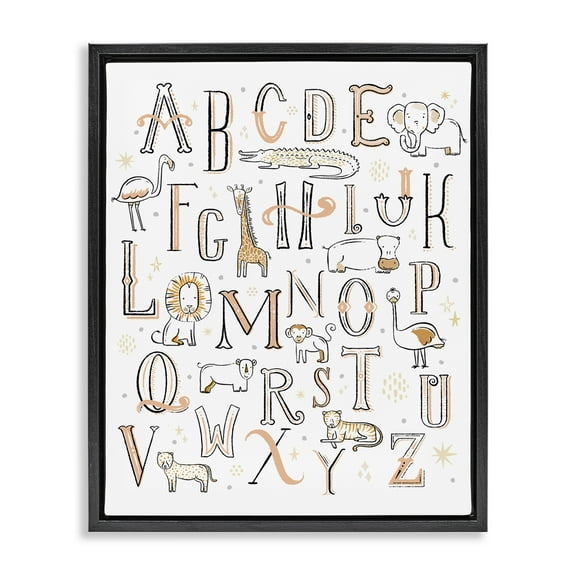 Stupell Industries Nursery Animal Alphabet Chart Art for Kids Painting Black Floater Framed Canvas Art Print Wall Art, 17 x 21