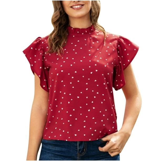Moda mujer Casual primavera cuello alto pulover manga corta amor corazon camiseta Tops blusa Fridja gope2673 Walmart en linea
