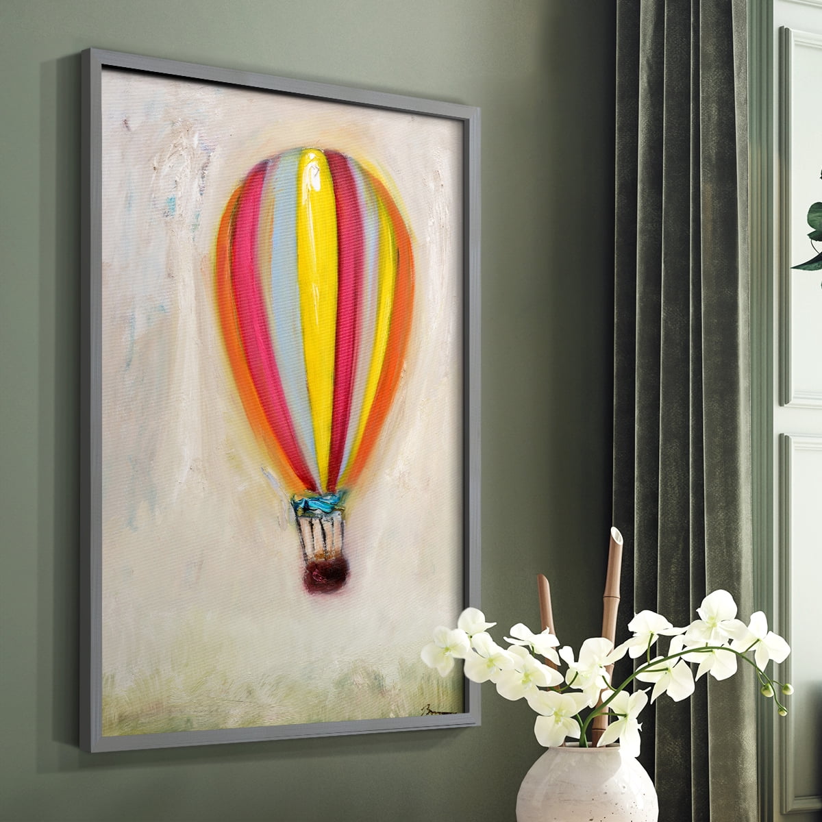 Lucky Hot Air Balloon Framed Print in Gray Solid Wood Framed Print No Nail Hanging