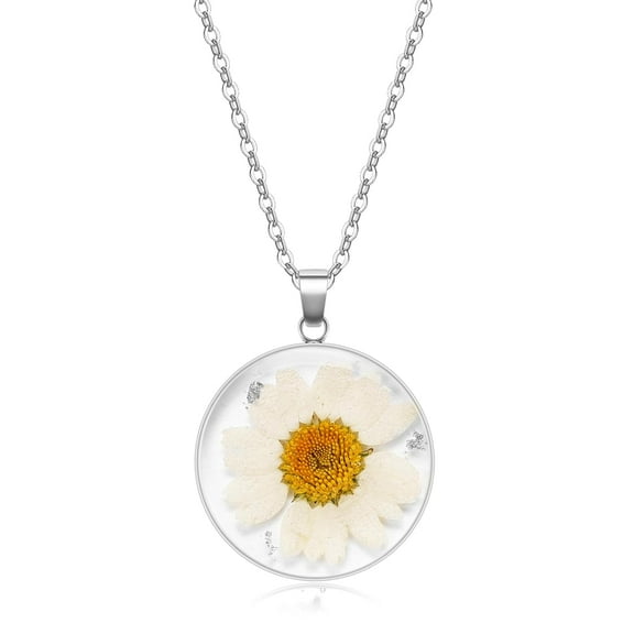 Birth Flower Necklace Silver For Women - Daisy April Month Flower Necklace - Handmade Pressed Flower Necklace - Unique Holiday Gift - 18"
