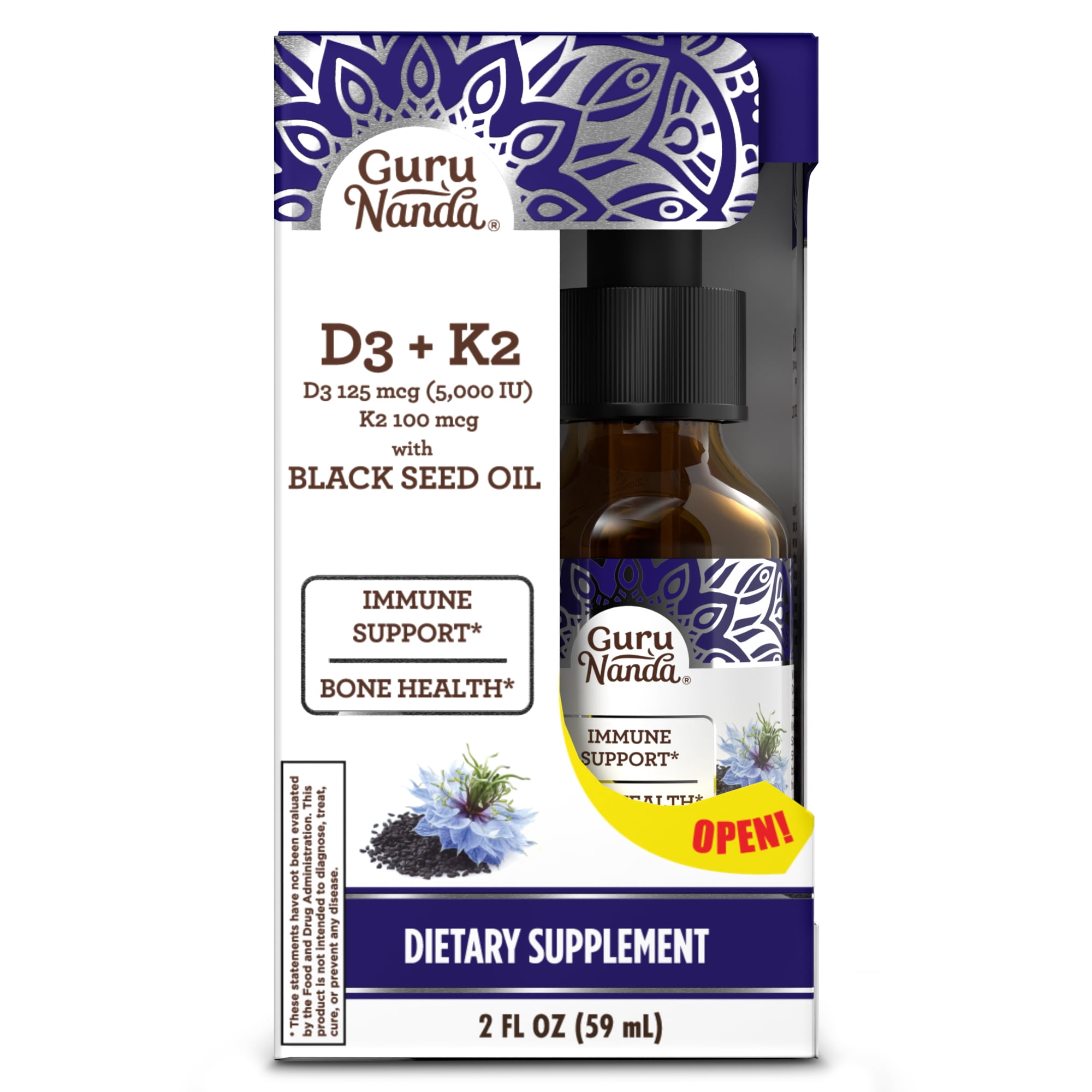 GuruNanda Cold Pressed Black Seed Oil Liquid Dietary Supplement with Vitamin D3 & K2-Supports Immune & Bone Health - 2 fl oz