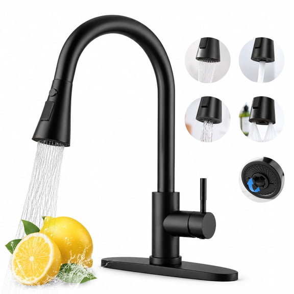 Matte Black Kitchen Faucet with Pull Down Sprayer, 4 Water Modes, 304 Stainless Steel, Single Handle High Arc Kitchen Sink Faucet for RV, Bar, Laundry, Utility Sink
