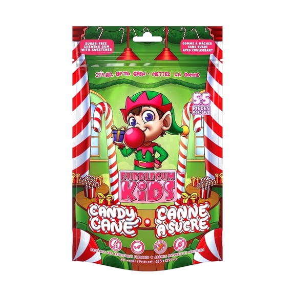 Bubblegum Kids Elf Candy Cane Sugar Free Gum with Xylitol, Chewing Gum, Peppermint Flavor, 55 Count