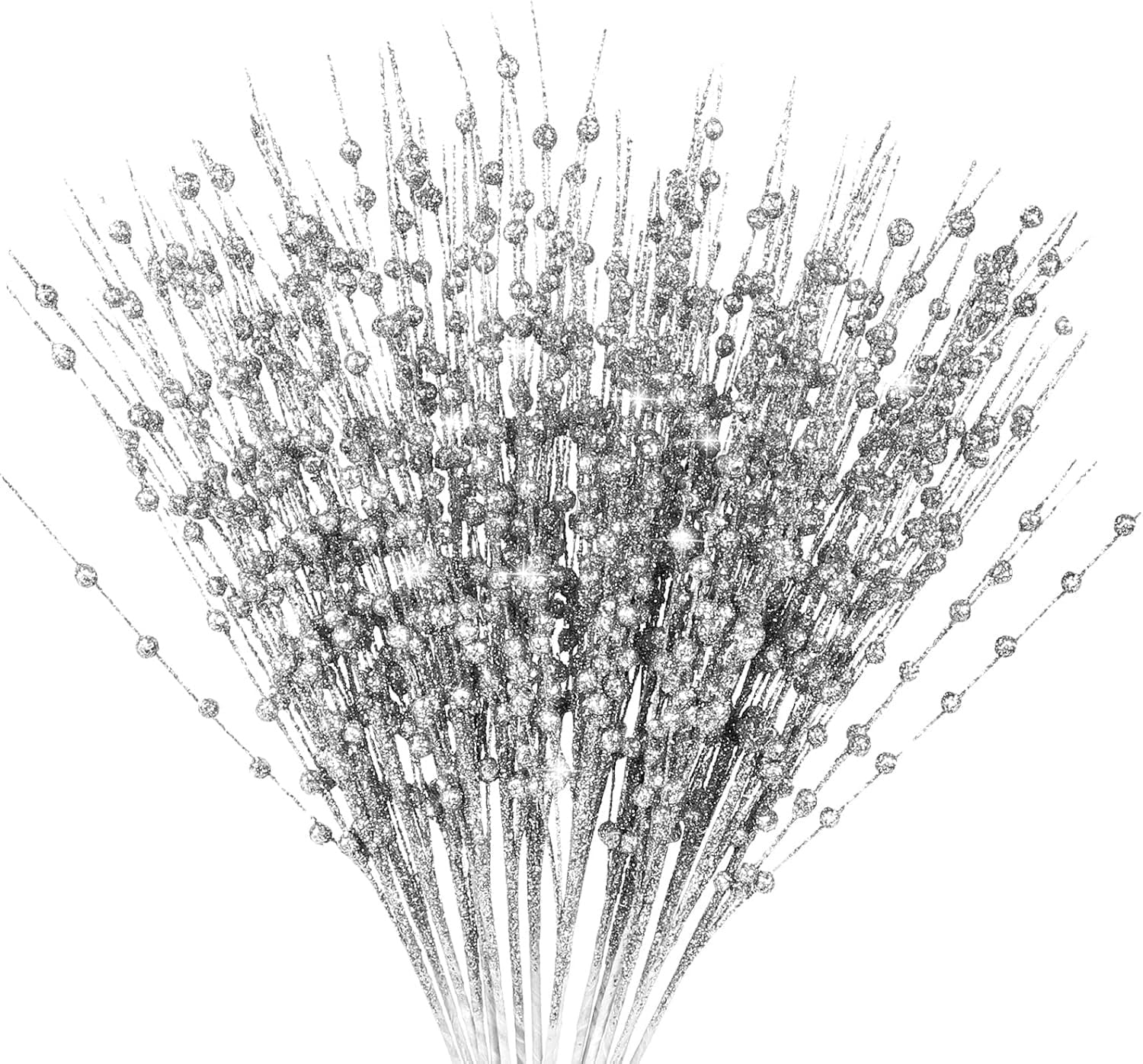24 Pack Artificial Glitter Berry Stem Ornaments Decorative Bead Sticks,Bexikou 17" Fake Berry Branch Picks Glittery Twigs Branches for Christmas Tree, Small Vase, Holiday, Wedding, Party (Silver)