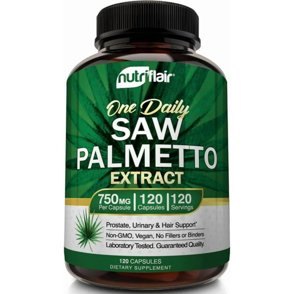 NutriFlair Saw Palmetto Extract 750mg, 120 Capsules - Natural Prostate Supplement & Berry Health Support - Helps Block DHT to Prevent Hair Loss and Helps Reduce Frequent Urination, for Women and Men