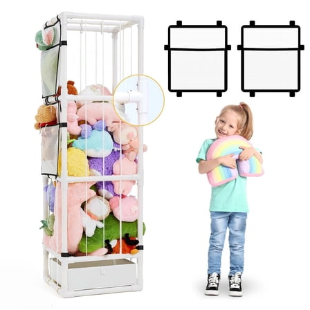 Stuffed Animal Zoo Storage Pre-Assemble PVC Toy Storage Organizer,Stuffy Plushies Storage with Elastic Band and Mesh Bottom and Bottom Storage Bin,Toy Storage Organizers for Playroom Bedroom Nursery