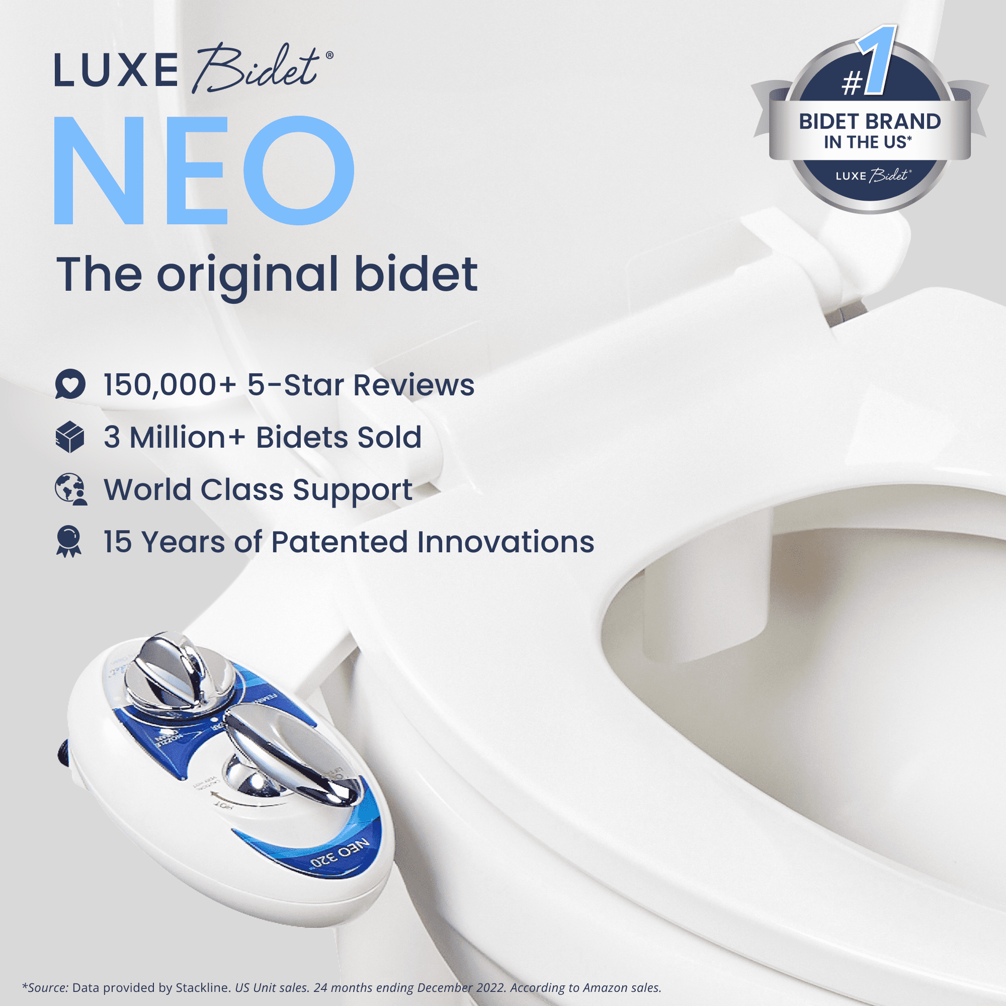 LUXE Bidet NEO 320 - Hot and Cold Water, Self-Cleaning, Dual Nozzle, Non-Electric Bidet Attachment for Toilet Seat, Adjustable Water Pressure, Rear and Feminine Wash, Lever Control (Blue)