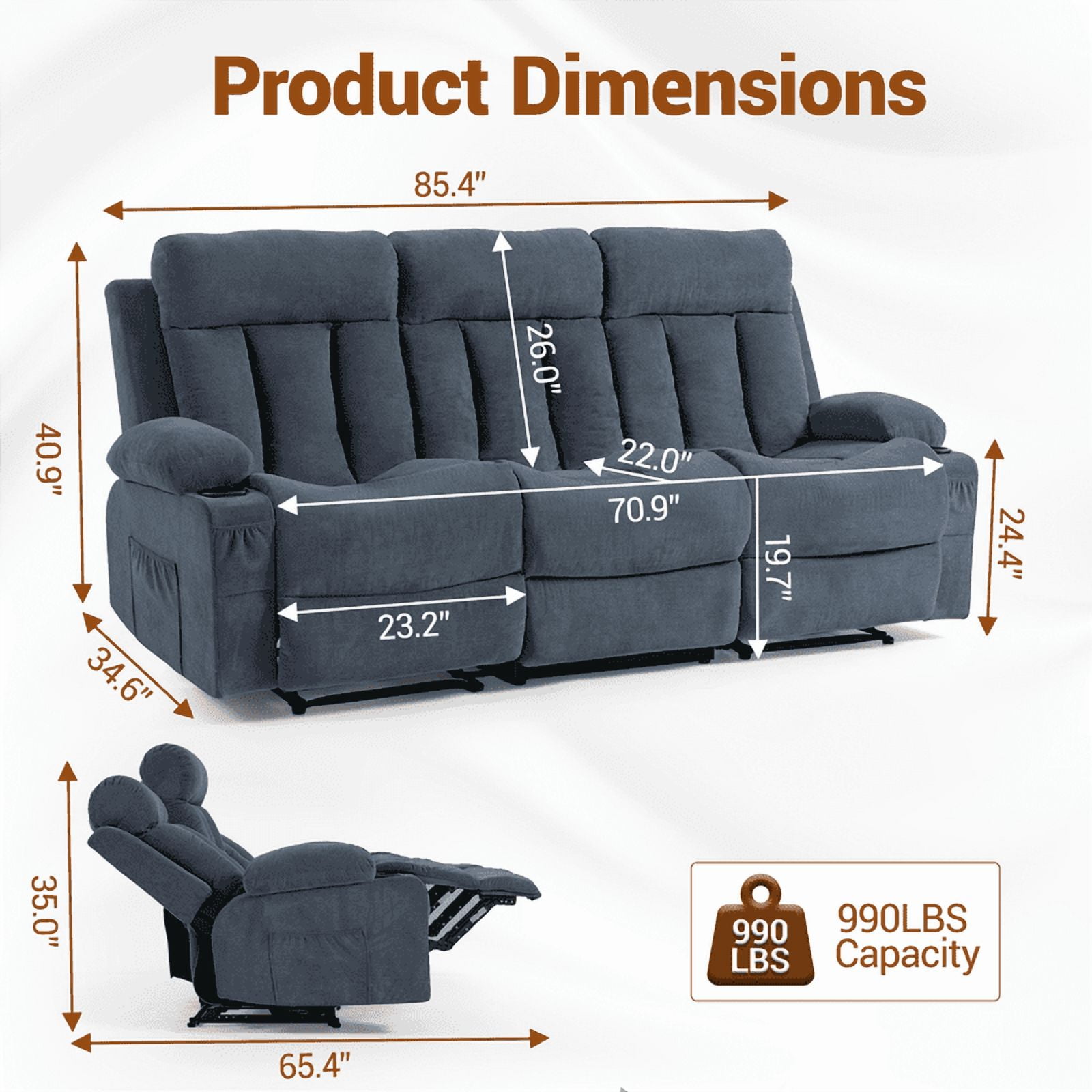 WENTUM Recliner Sofa Set, 3 Seater Recliner Sofa Chair, Manual Reclining Sofa Couch, Triple Recliner Sofa for Living Room, Home Theater, Small Spaces, Blue